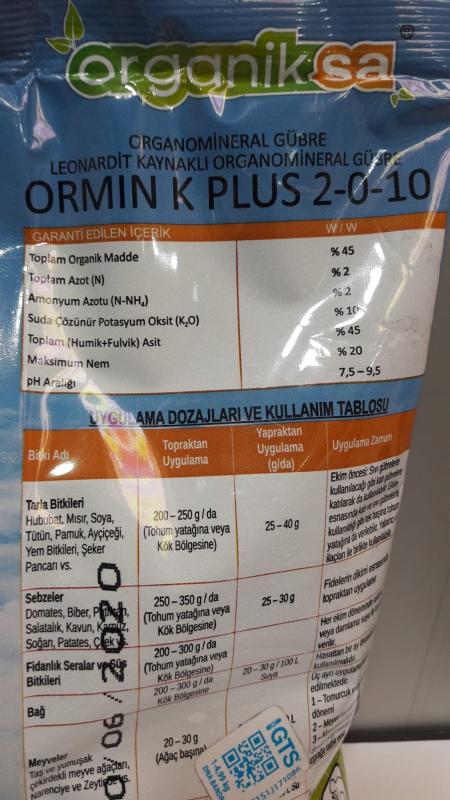 ORMİN K PLUS 2-0-10 LEONARDİT KAYNAKLI ORGANOMİNERAL GÜBRE 1 KG